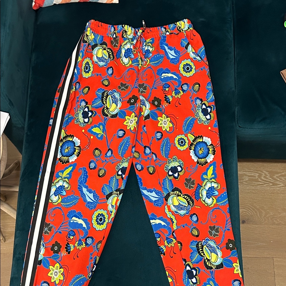 NY Collection Red Floral Track Pants with Blue & Yellow Accents
